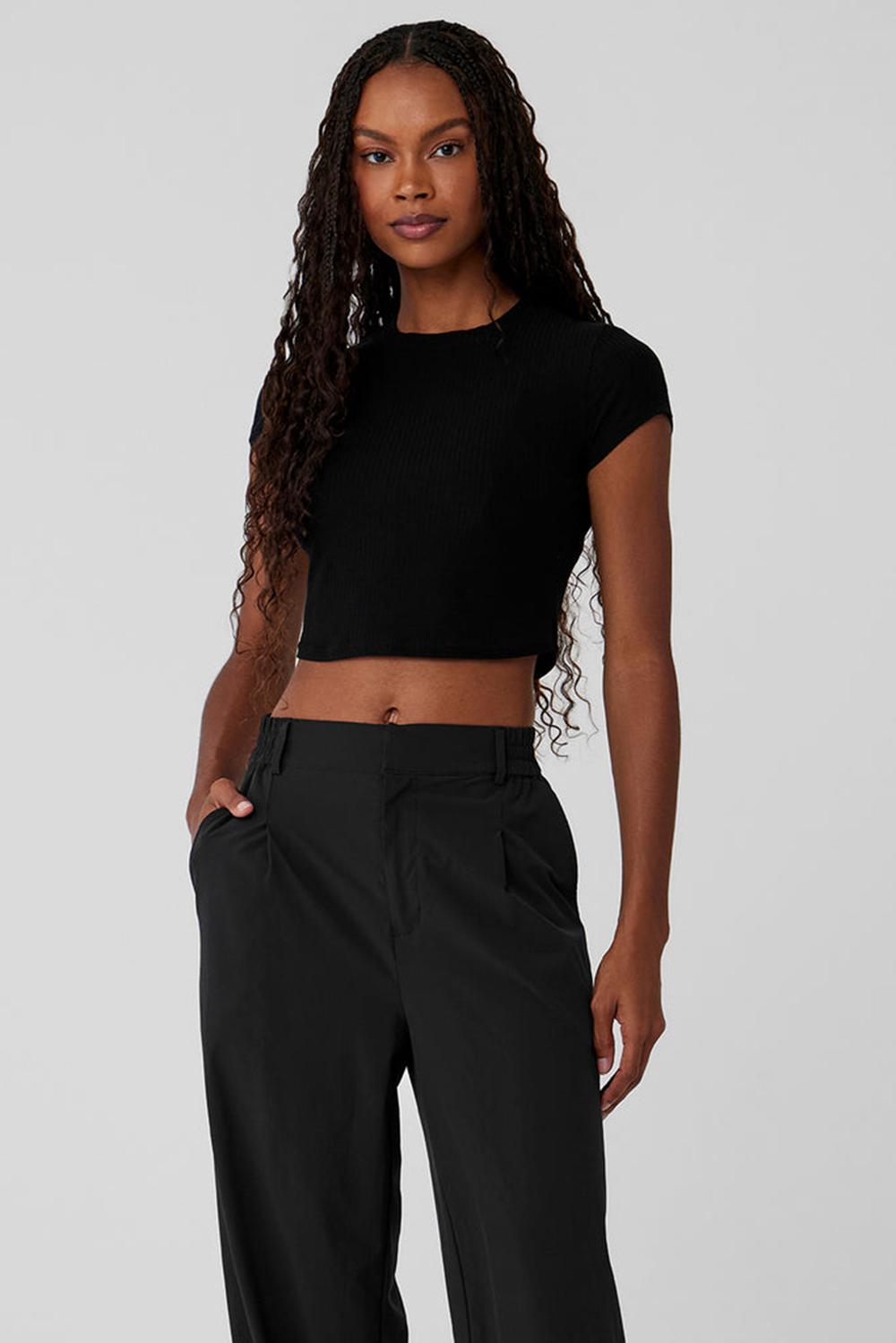 Alo Yoga Ribbed Sea Coast Cropped Sleeve Donna Tee Nere | Italia  OYG-790365