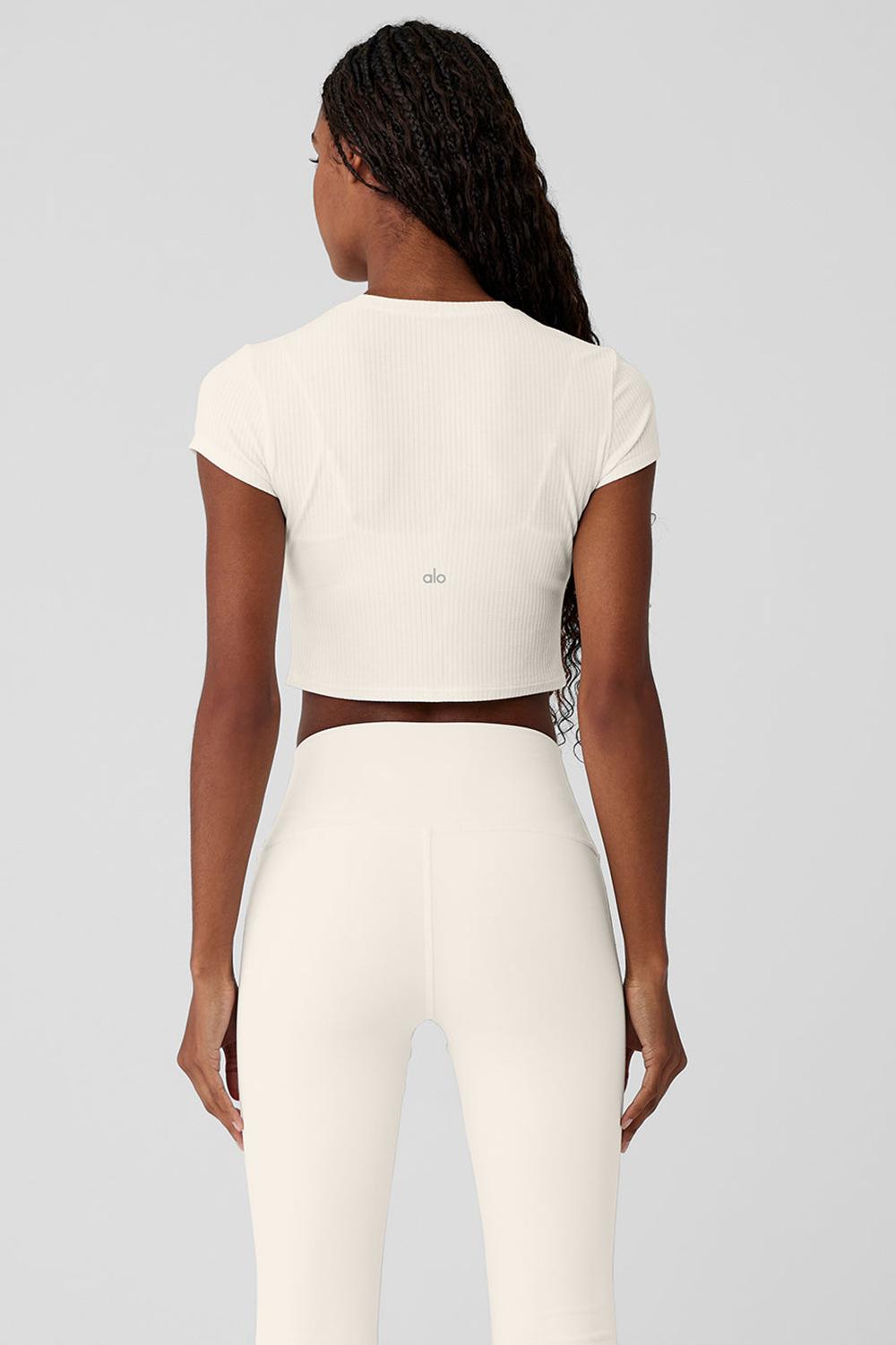 Alo Yoga Ribbed Sea Coast Cropped Sleeve Donna Tee Ivory | Italia  UWB-190458