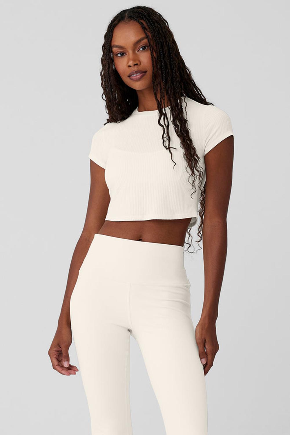 Alo Yoga Ribbed Sea Coast Cropped Sleeve Donna Tee Ivory | Italia  UWB-190458