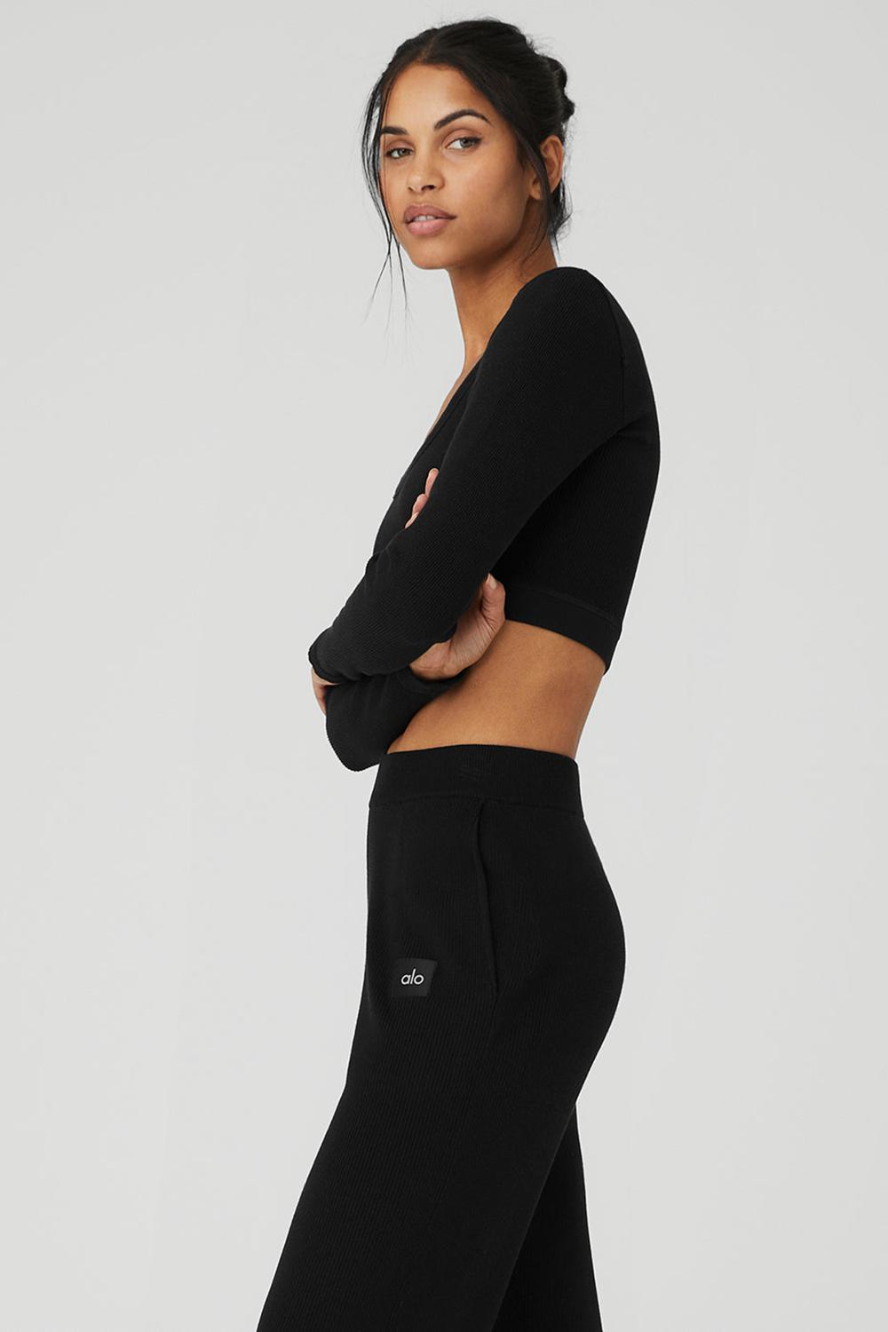 Alo Yoga Seamless Ribbed Cropped Serene Donna Maniche Lunghe Nere | Italia  OMF-598142