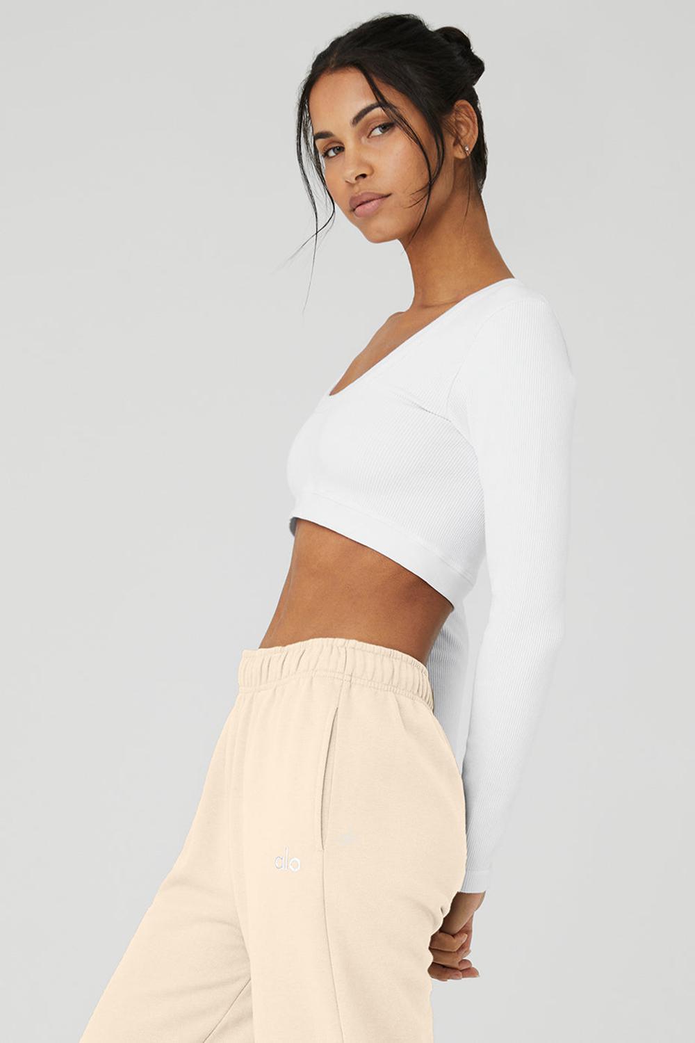 Alo Yoga Seamless Ribbed Cropped Serene Donna Maniche Lunghe Bianche | Italia  TCL-287946