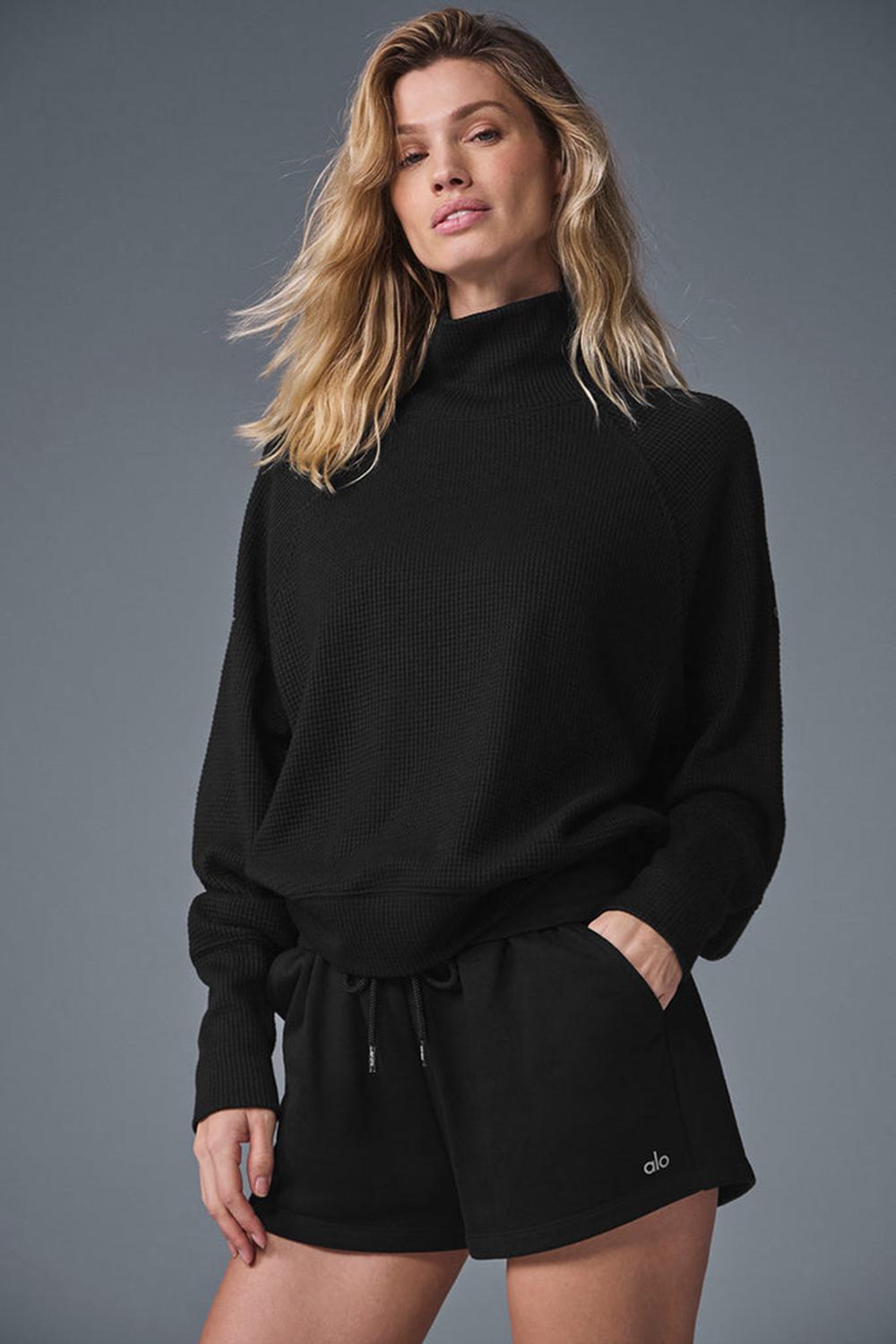 Alo Yoga Waffle Weekend Escape Mock Neck Donna Maniche Lunghe Nere | Italia  EUI-239517